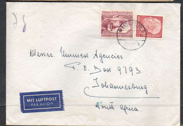 West Germany, Dr Heuss, 80pf, Mann 20pf, on cover BADWEISSEE cds > South Africa , Air Mail