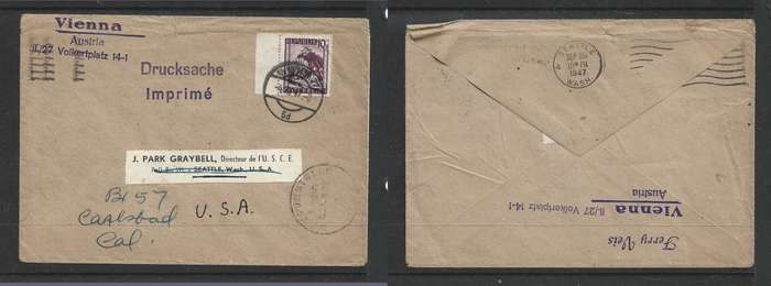 Austria, printed matter, 10g, WIEN 4 VIII 47 > SEATTLE (USA)SEP 25 1947