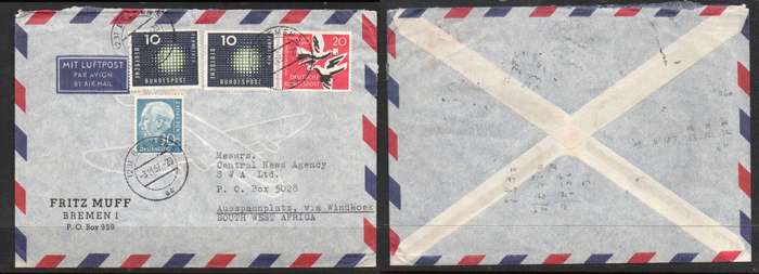 West Germany, 70pf incl Dr Heuss 30pf, on cover BREMEN 3.11.57 cds > South Africa , Air Mail