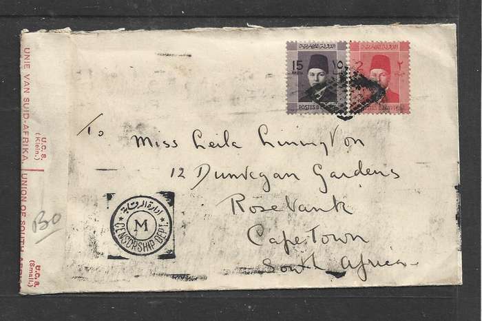 Egypt, 1941, 17 mills, envelope, retta cancel,  CAIRO 4 FEB 11941 transit > S. Africa