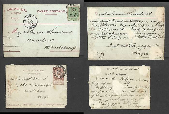 Belgium, cards, used, 10c BRUXELLES 9 NOVE 1896, GITS NOVE 1895 & ARDOYE NOVE 1895.