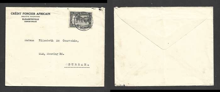 Belgian Congo, Credit Foncier Africain, 1F50 ELIZABETHVILLE 9-12-36 c.d.s. > Durban, S.Africa