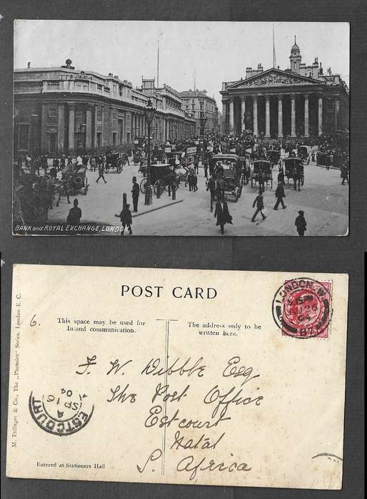 England, postcard, Bank & Royal Exchange London , LONDON.W. 87. AU26 04 cds > ESTCOURT (NATAL)