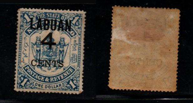 Labuan North Borneo,1904, $1 blue of N.Borneo, opt LABUAN and 4 CENTS, MH *, toned gum