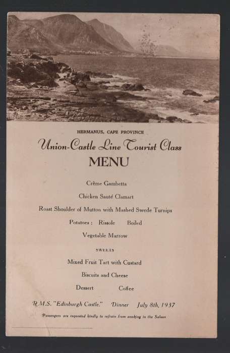 Union Castle Tourist Class Menu, Edinburgh Castle, July 8, 1937, Hermanus C.P. picture