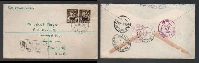 South West Africa 2s6d registered cover REHOBOTH 22 OCT 45 cds>SYRACUSE NEW YORK, DE AAR STN transit