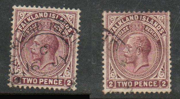 Falkland Islands, GVR, 1912, 2d maroon, p 13.75x14, 2d deep reddish purple, p13.75x14, used