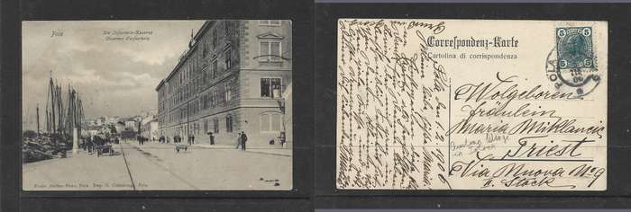 Austria (used in Istria), PPC Pola, Croatia, Infantry Barracks & Quay, 5 Heller, POLA ....06 cds