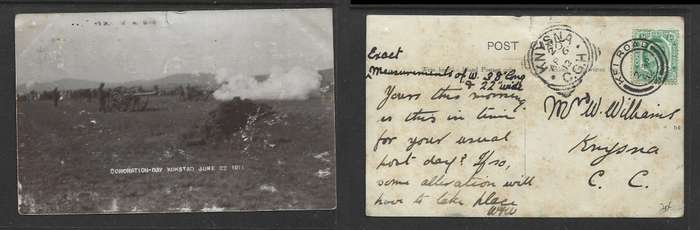 Coronation Day Kokstad, June 22 1911 used 1/2d, KEI ROAD 2 AP 12 cds > KNYSNA arrival sq cds