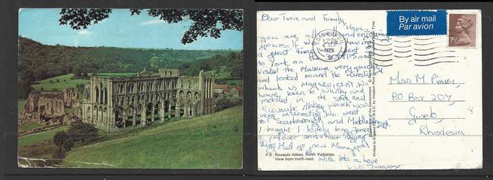 Rievaulx Abbey N. Yorkshire, used, EDINBURGH 6 SEP 1975, airmail, 7 1/2p > Rhodesia