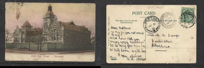 Boys High School Worcester, used  1/2d, WORCESTER JA 28 10 cds>ALBERTINIA, (RIVER)SDALE transit