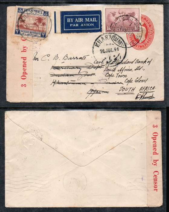 Australia GVIR, 2d envelope & 1s6d MELBOURNE 15 JY 41 > KHARTOUM SUDAN re-directed> S.Africa