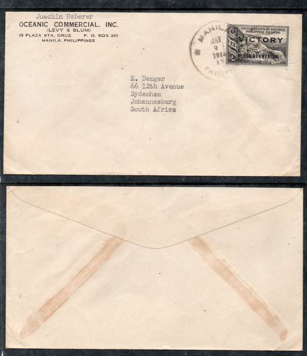 Philippine Islands, cover, 12c, opt  VICTORY, MANILA MY 9 1945 cds > S.Africa