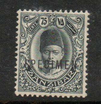 Zanzibar, 1909, 75 cents, black, opt SPECIMEN, MH *