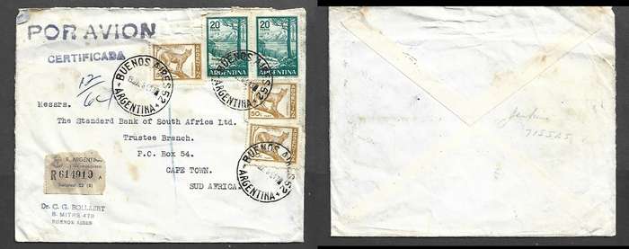 Argentina, cover, airmail, registered 41pesos 50c, BUENOS AIRES 19 JUL 61 > S. Africa, S. Africa,