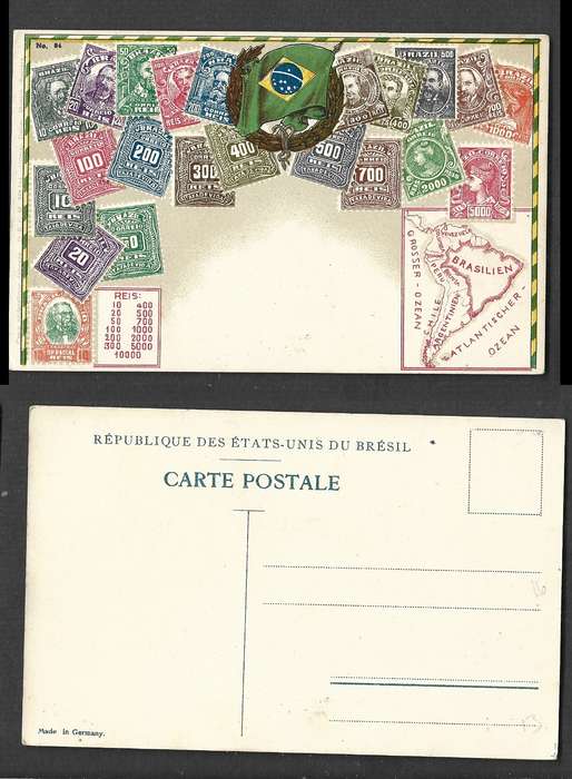 Brazil printed card, stamps, map, flag of Brazil, unused