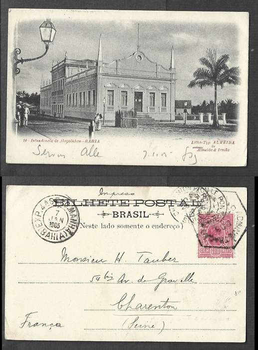 Brazil, Alagoinhas Offices, Bahia,  (BAHIA) 7 JAN 1905, transit, CHARENTON LE PONT  27-??-05 arrival