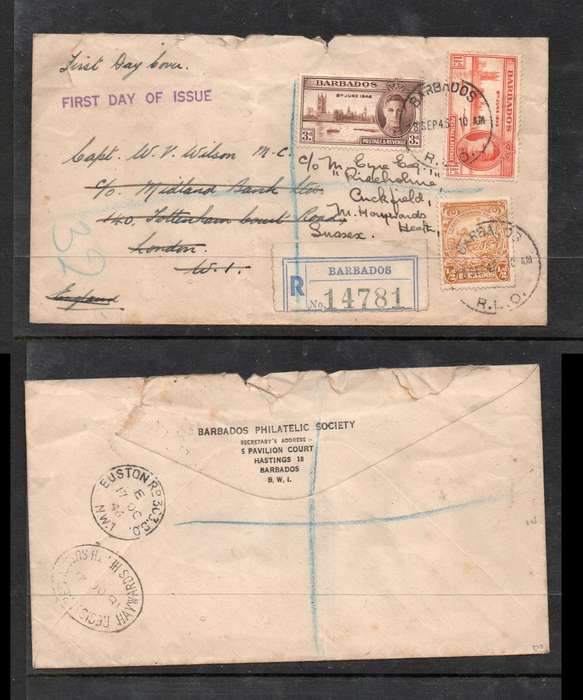 Barbados, GVIR 1946 Victory FDC + 1/4d registered RLO 8 SEP 46 >UK re-dir EUSTON Rd > HAYWARDS HEATH