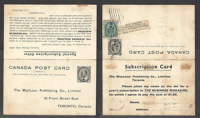 Canada EVIIR 1c reply card, uprated 1c (for overseas) >?? CANADA > LONDON OC 31 05