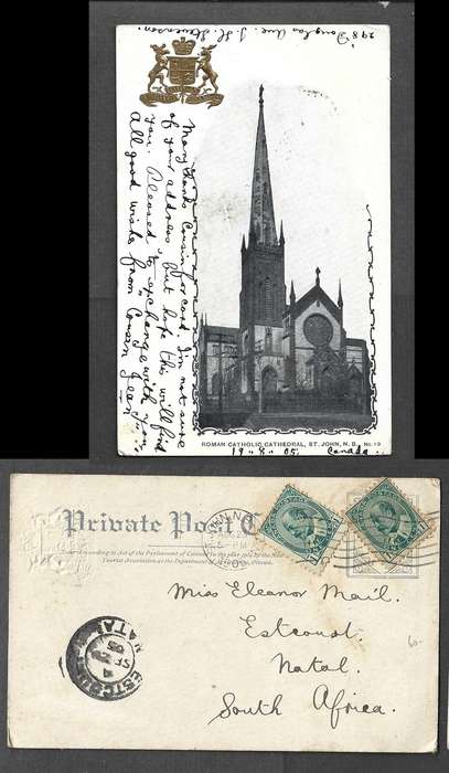 Canada, Catholic Cathedral, St Johns, 2c, ST JOHNS N.B. AUG 23 1905 > ESTCOURT NATAL SE 20 05