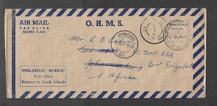 Cook Islands, OHMS, Philatelic Bureau, air mail 2nd class RAROTONGA 17 MR 67>JOHANNESBURG redirected