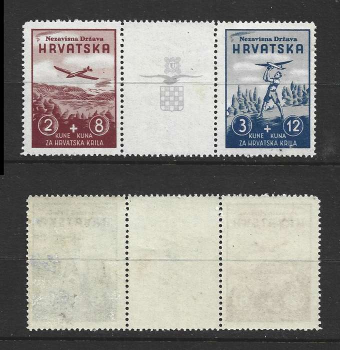 Croatia 1942, Aviation Fund, 2kune + 8 kuna, 3 kune + 12 kuna & arms, from miniature sheet, MNH **
