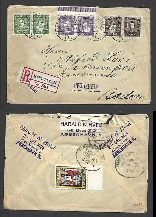 Denmark, Post 300 years, registered KOBENHAVEN 2.12.24cds>PFORZHEIM arrival, 2x German TPO transit