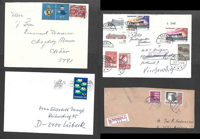 Denmark, late 20thC, 3 covers, 1 fragment, nice stamps