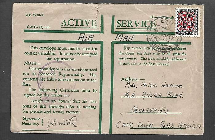 WWII Active Service Honour Envelope New Zealand 9d, EGYPT 30 POSTAGE PREPAID 15 MR 42 cds>S. Africa