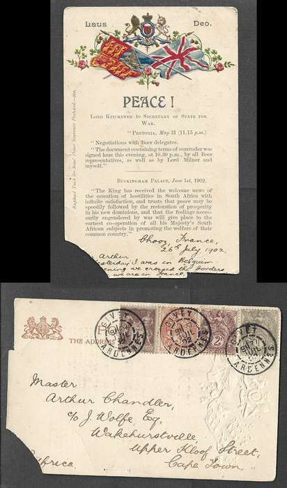France, PEACE  post card, 4 colour 10c franking GIVET ARDENNES 27 JUIL 02 cds > S. Africa
