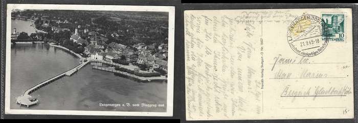 Germany. Wurtemberg 10pf, LANGENARGEN BODENSEE 21.9.49 special c.d.s. local