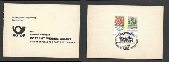 West Germany, folder, Stamp Day Cancel WEIDEN OBERPF 1 11.10.1981 mailing point for postage stamps