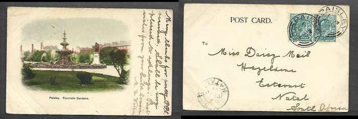 Scotland, post card, Paisley Fountain Gardens, used 1d, PAISLEY AP 27 04 cds > ESTCOURT NATAL