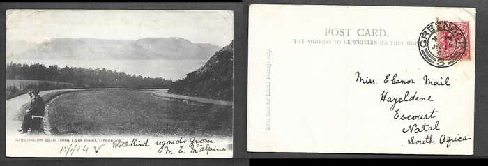 Scotland, PPC Argyleshire Hills from Lyle Road, Greenock, used, 1d, GREENOCK JA 15 04cds >  NATAL
