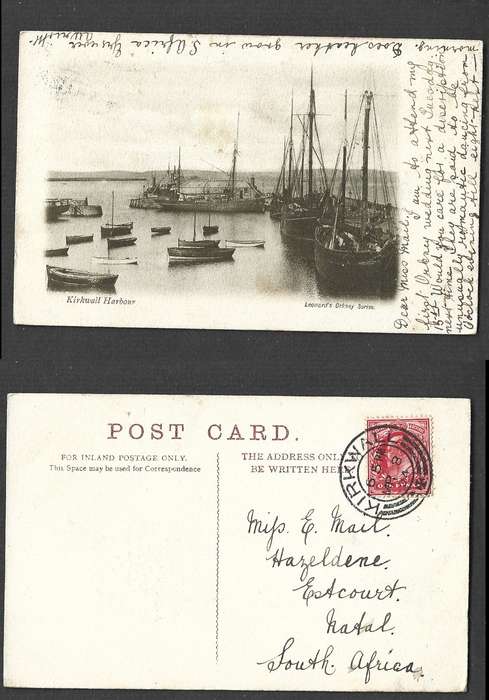 Scotland, postcard, used 1d, Kirkwall Harbour, KIRKWALL MR 8 04 cds > Natal
