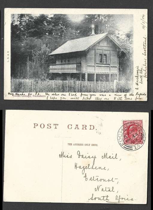 Scotland, postcard, used 1d,  Swiss Cottage Fochabers, FOCHABERS MR 14 04 cds > Natal