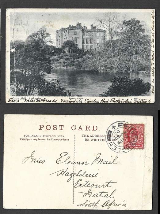 Scotland, postcard, used 1d, Castle MIlk, Rutherglen, RUTHERGLEN NO 20 03 cds > Natal