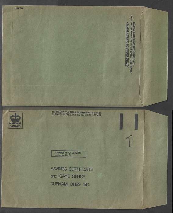 Great Britain EIIR, Business Reply Service, NATIONAL SAVINGS CERTIFICATE & SAYE OFFIICE, unused