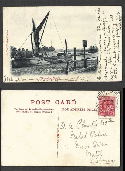 England, post card, Chiswick Eyot, used 1d, CHISWICK DEC 22 03 sq.cds >Natal