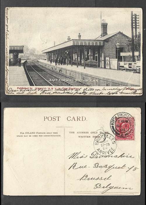 England, post card, East Finchley Station, GNR used 1d, NORTH FINCHLEY S O NO 1 04 cds > BRUXELLES
