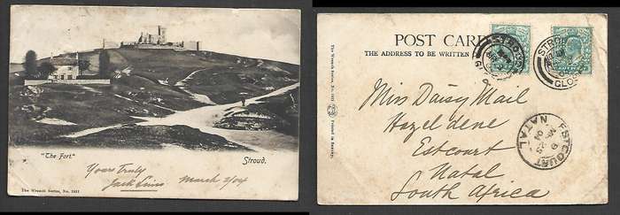 England, The Fort, Stroud, 2x 1/2d, perfined SP Co Ld, STROUD MR3 04 cds> ESTCOURT NATAL MR 25 04