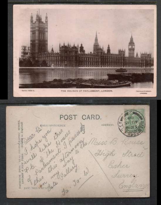 England, PPC, Houses of Parliament London used 1/2d, WALWORTH S.O. S.E. AU 15 08 cds >Esher