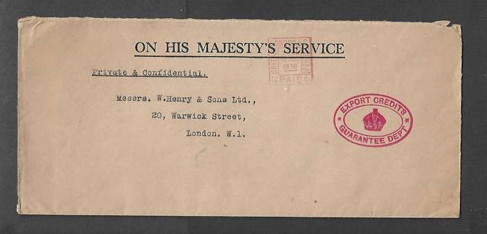 Great Britain EVIIIR, EXPORT CREDITS GUARANTEE DEPT,  LONDON OFFICIAL PAID  10 AUG 1936