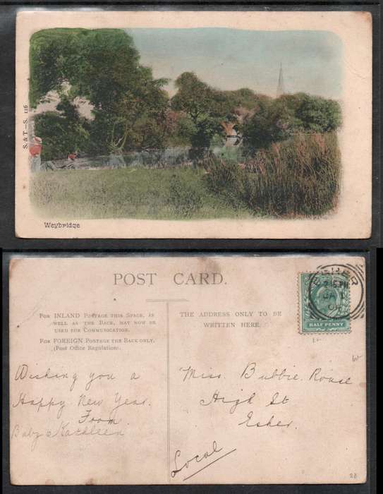 England, Surrey, PPC, Weybridge, used, 1/2d,  ESHER JA I 04 squared cds > Esher