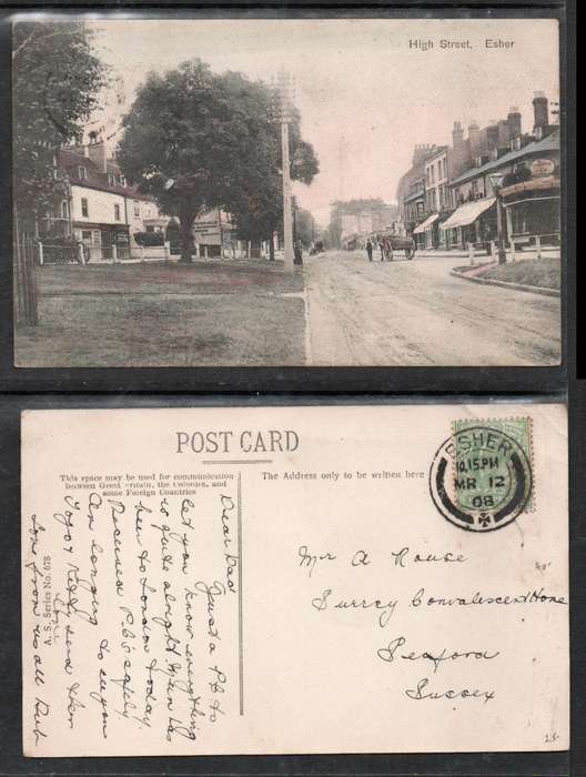 England, Surrey, PPC, High Street, Esher, used 1/2d, ESHERMR 12 08 cds > Seaford, Sussex