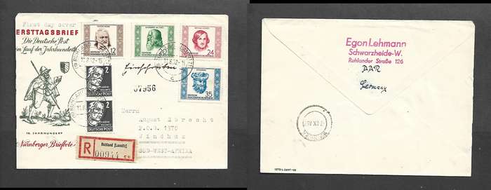 East Germany Cultural Anniversaries set, FDC, RUHLAND 11.8.52 c.d.s. > S.W.Africa, WINDHOEK 7.IX.52