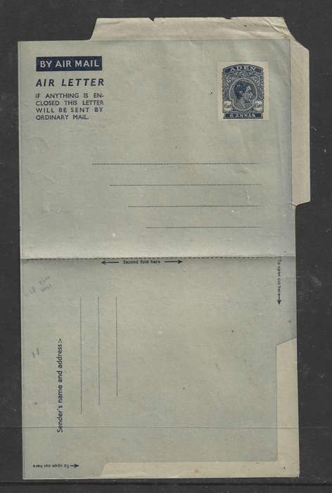 Aden GVIR 1949 Air Letter Sheet, 6 Annas, text 2, unused.