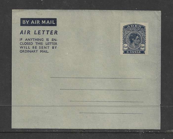 Aden GVIR 1949 Air Letter Sheet, 6 Annas, text 2, unused, flaps stuck down.