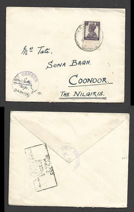 India, cover, 1 1/2a,SECTION BASE? cds > Coonoor, UNIT CENSOR K24 26/10 ms COONOOR 27 OC 42 cachet