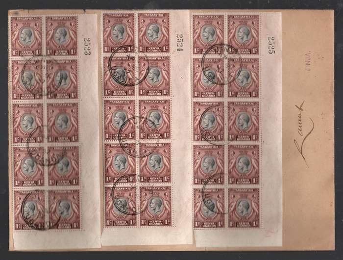 Kenya Uganda Tanganyika GVR, 1935, 1c, 3 x block of 10, sheet numbers, on cover ENTEBBE 8 SE 37 cds